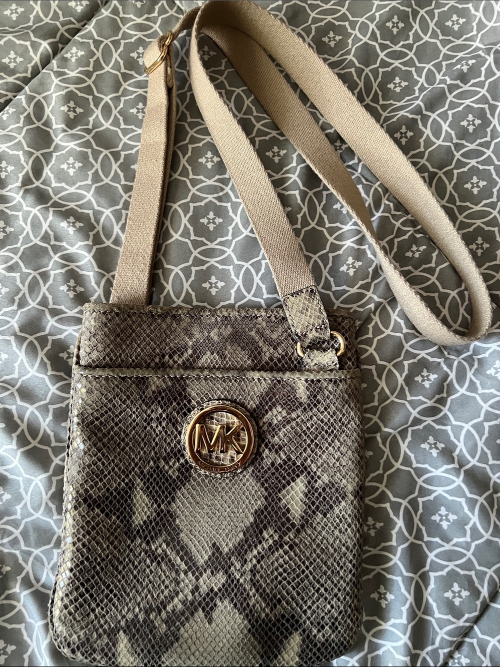 Michael Kors Taupe Snake-Print Crossbody with Gold MK Logo